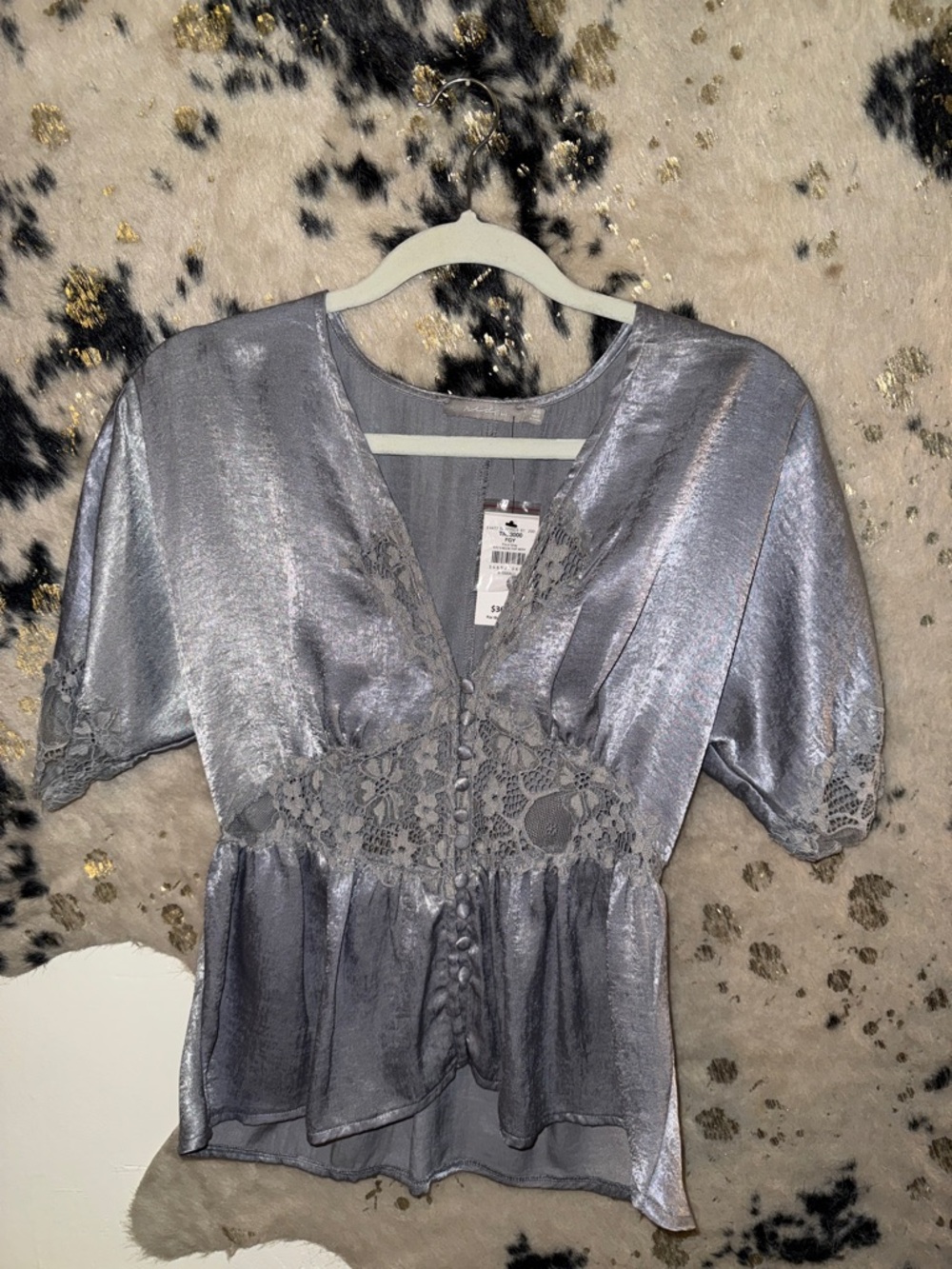 Metallic Silver Lace-Trim Peplum Blouse